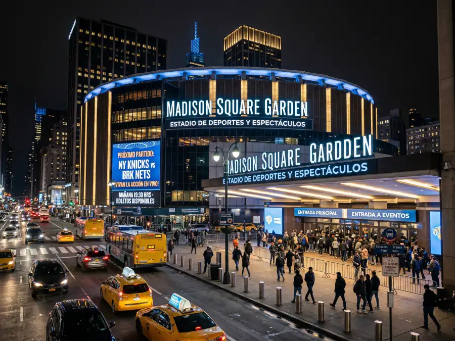 Vista exterior del Madison Square Garden en Nueva York iluminado de noche