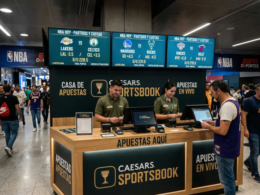 Mostrador físico de Caesars Sportsbook con pantallas de cuotas NBA