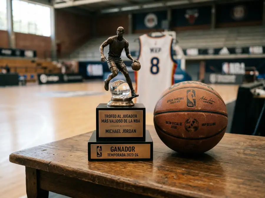 Trofeo del MVP de la NBA sobre una mesa de madera junto a un balón de baloncesto