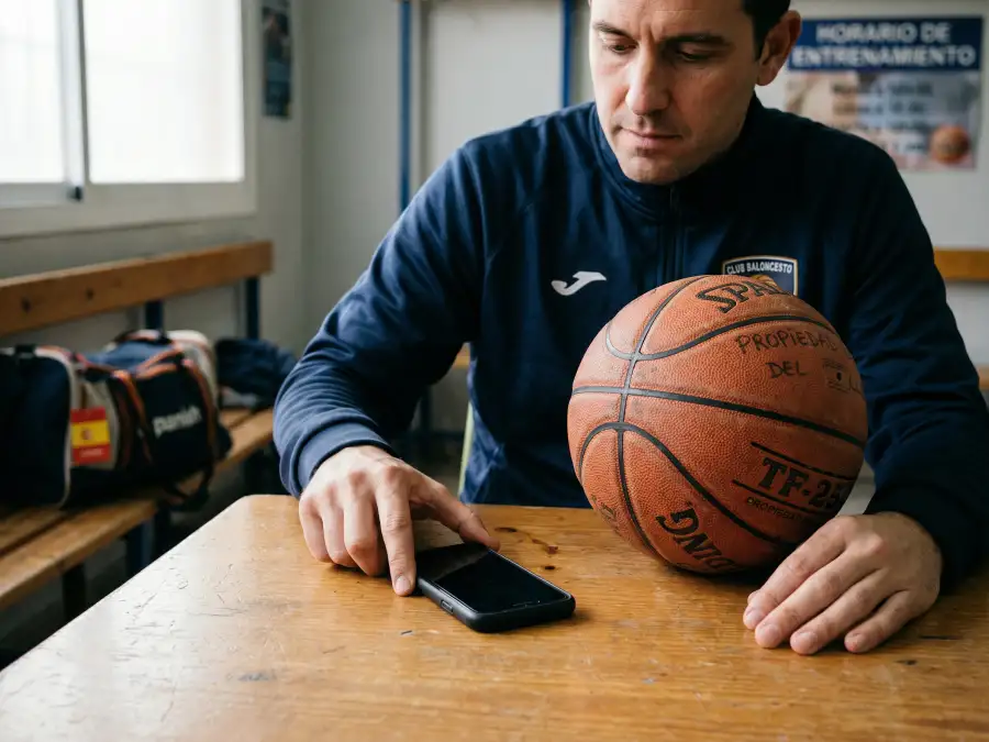 Persona adulta apagando el smartphone junto a una pelota de baloncesto sobre la mesa