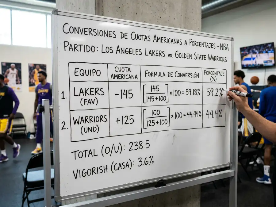 Pizarra blanca con conversiones de cuotas americanas a porcentajes de un partido NBA